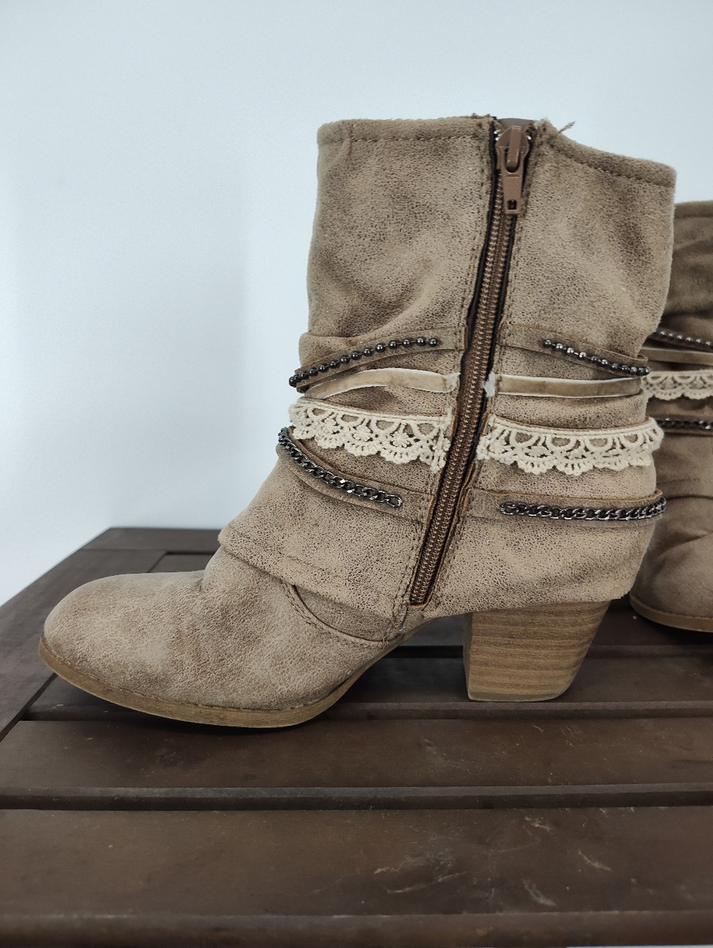 pop Wichita Taupe Faux Leather Lace-Trim Heeled Ankle Boots Women's 8.5M - Picture 7 of 13